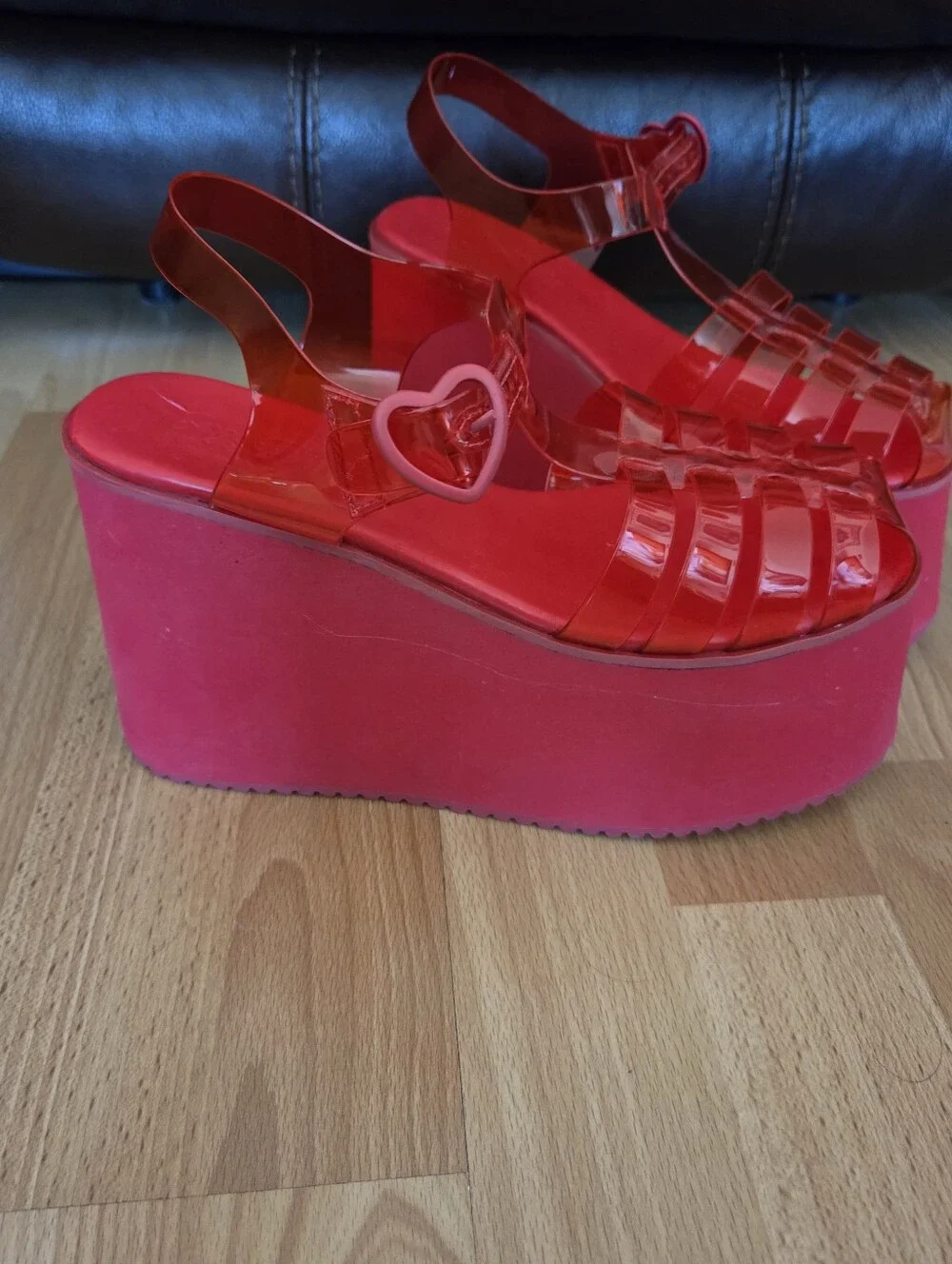 Sugar Thrillz Cherry Red Platform Jelly Sandals with Heart Buckle Rave Y2K 7